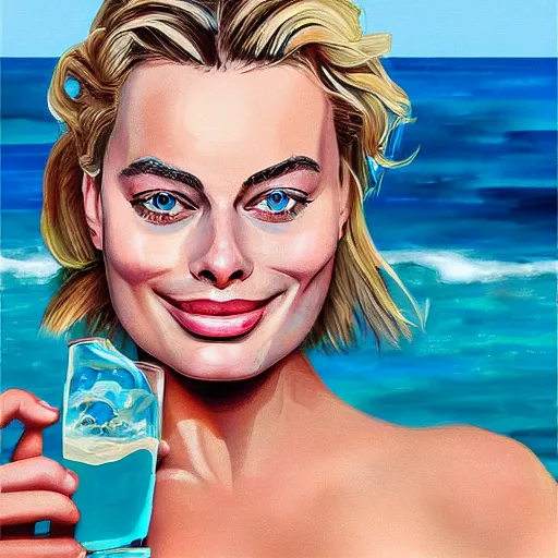 Image similar to a portrait of margot robbie holding a coctail on the beach, beautiful face, highly detailed, digital art