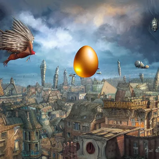 Image similar to flying egg - shaped steampunk city, fantasy art, sky in the background, detailed, behrens style