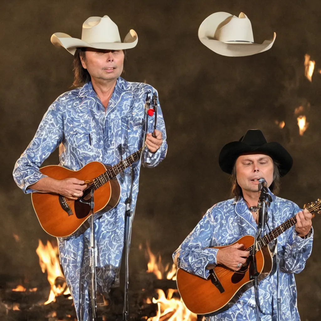 Prompt: dwight yoakam in pajamas singing songs at a campfire