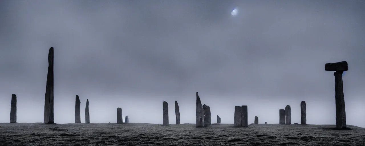 Prompt: wind turbines stand dormant among the neolithic standing stones of stenness, haunting, fog, grainy, snowing, atmospheric clouds, 4k, silhouette figures, windfar