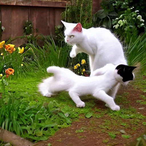 Image similar to 2 cats playing in the garden, one of them is white, by Timothy Burton, Cinematic