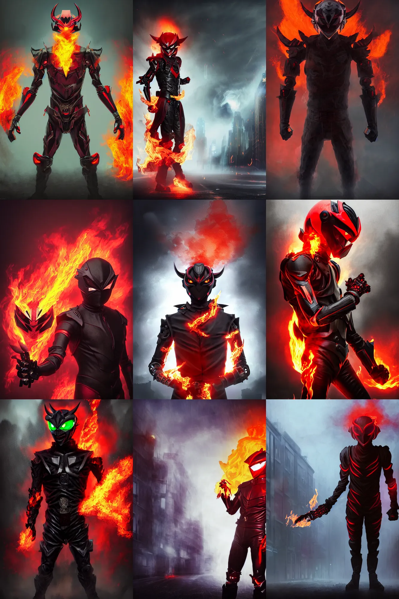 Prompt: character portrait of a demonic monster kamen rider with a demon helmet and fire eyes doing a henshin pose standing in a misty city street, wielding fire, monster made out of fire in the background, matte painting, dramatic lighting, 8 k, rubber suit, digital painting, concept art, muted colors, red colors, moody colors, broken pipes, in the style of frank frazetta