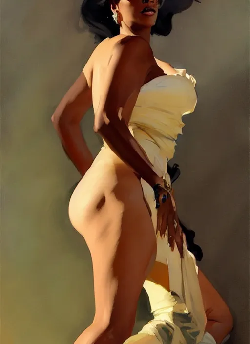 Image similar to portrait of rihanna instagram model jodhpurs greg manchess painting by sargent and leyendecker, studio ghibli, fantasy, medium shot, asymmetrical, intricate, elegant, matte painting, illustration, hearthstone, by greg rutkowski, by greg tocchini, by james gilleard, by joe fenton