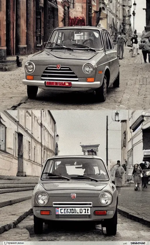 Image similar to vaz 2101 fiat 124 in east European city. Film poster. Epic cinematic