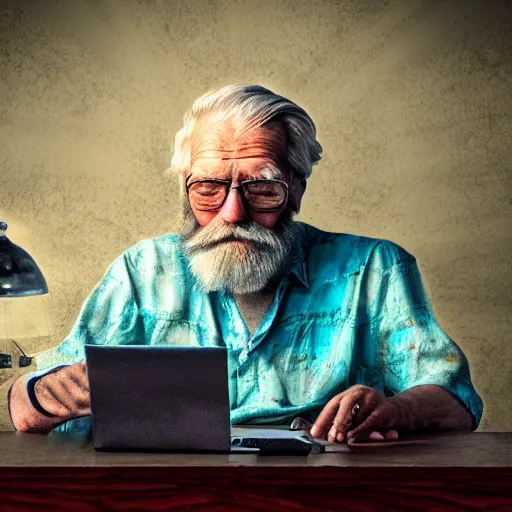 Prompt: dignital art of a bearded old man sitting on a cloud in the sky using a desktop computer 3 5 mm hdr sunny