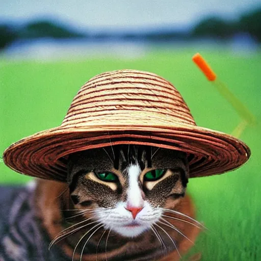 Image similar to A closeup film photography of a cat wearing vietnamese straw hat, photo bySlim Aarons, award winning, 4K