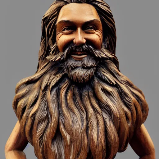 Image similar to a flawless, purely wood sculpture of a man with long hair, with trimmed beard, smiling widely. wood statue, extremely detailed, award-winning art, trending on Artstation