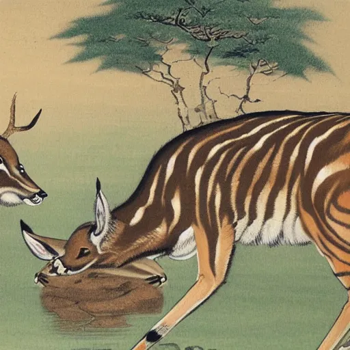 Image similar to a painting of deer in tiger skin and tiger in deer skin facing each other, their heads bowed towards ground by ohara koson