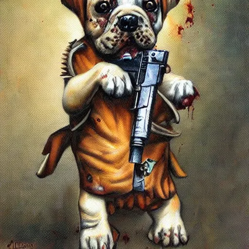 Prompt: a zombie puppy holding a gun. Painting by James Gurney