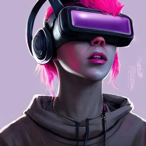 Image similar to Portrait of a woman by Greg Rutkowski, symmetrical face, a girl withj neon pink bob hair wearing a VR Headset, Kubric Stare, crooked smile, she's wearing an oversized hoodie, highly detailed portrait, scifi, digital painting, artstation, book cover, cyberpunk, concept art, smooth, sharp foccus ilustration, Artstation HQ