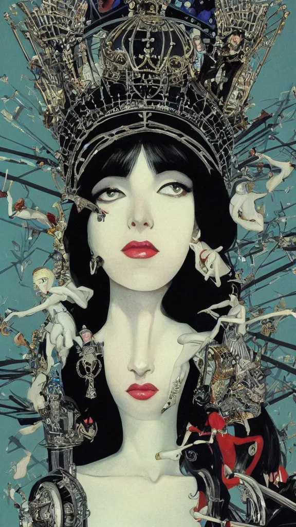 Image similar to a beautiful black haired woman with pale skin and a crown on her head sitted on an intricate metal throne new york circa 1 9 8 4 edward hopper and james gilleard, surreal, open ceiling, highly detailed, airbrush, ilya kuvshinov, wlop, stanley artgerm, very coherent, art by takato yamamoto and james jean