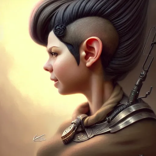 Image similar to portrait of a beautiful cute realistic charming female gnome engineer, black pixie undercut haircut, micro detail, intricate, elegant, highly detailed, centered, rule of thirds, artstation, sharp focus, illustration, artgerm, tomasz alen kopera, peter mohrbacher, donato giancola, wlop