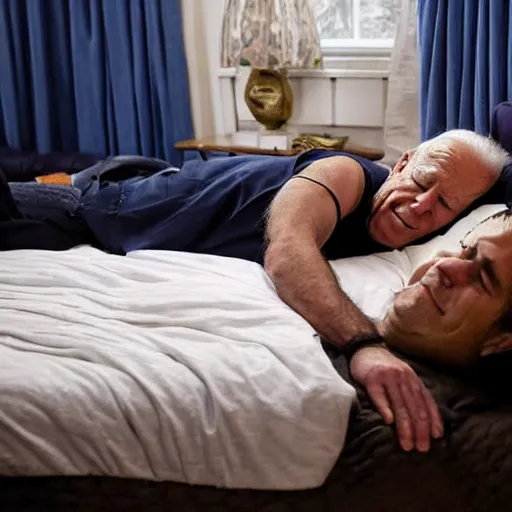 Prompt: Photograph of Joe Biden sleeping in bed with a large Turkish man standing next to the bed, AP photography, 4k