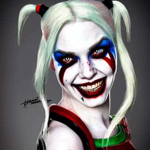 Image similar to Harley Quinn from the suicide squad, slim, smiling, portrait, fantasy, medieval, beautiful face, vivid colrs, elegant, concept art, sharp focus, digital art, Hyper-realistic, 4K, Unreal Engine, Highly Detailed, HD, Dramatic Lighting by Brom, trending on Artstation