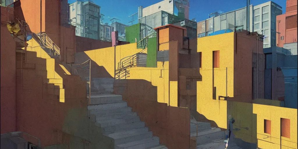 Image similar to neo brutralism, concrete housing, a long stairway going up, concept art, colorful, vivid colors, sunshine, light, shadows, reflections, oilpainting, cinematic, 3D, in the style of Akihiko Yoshida and Edward Hopper