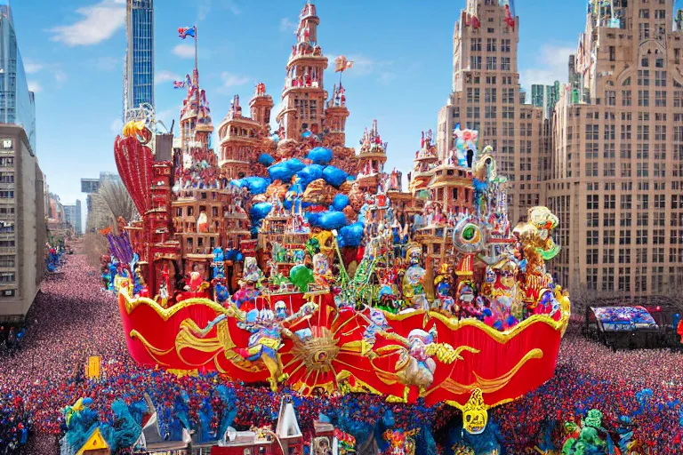 Image similar to photo of giant beautiful elaborate parade float castle designed by greg rutowski and geof darrow, in the macys parade, detailed 4 k photo, gigapixel, hyperdetailed