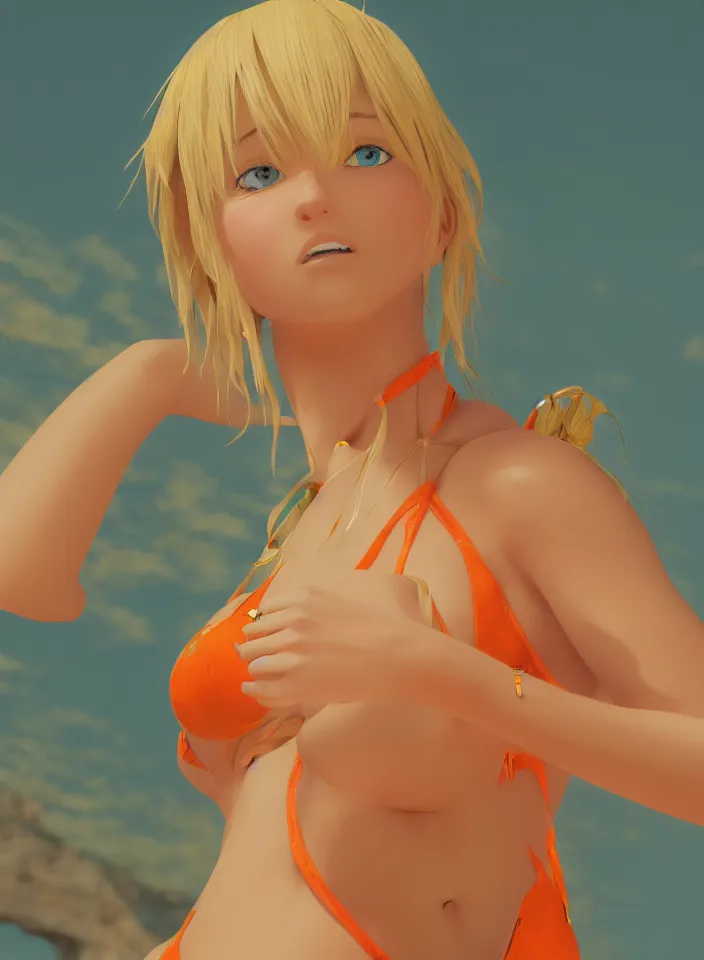 Image similar to beautiful blond woman in orange tribal bikini, blond hair pulled back off the face, green eyes, by makoto shinkai, 8 k, high resolution render, cinematic, unreal engine, clean lineart and flat color,
