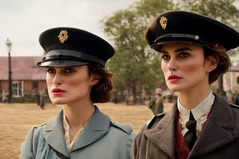 Prompt: wide-shot of kiera knightley as a constable in a movie directed by Wes Anderson, symmetrical shot, idiosyncratic, relentlessly detailed, pastel colour palette, detailed perfect face, movie still frame, promotional image, imax 70mm footage