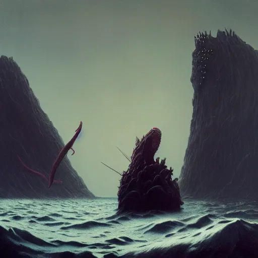 Image similar to sea monster, fantasy monster from the sea, painting, Zdzisław Beksiński , Ruan Jia, Rudolf Béres, James Zapata, Jamey 8k