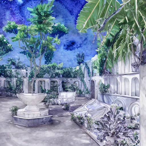 Prompt: delicate marble garden on jupiter's moon, beach volleyball babes, botanic watercolors, iridescent, 8 k wide angle, realistic shaded, fine details, artstation, italian, colonnade, oak tree, hydrangea, gardena architecture, party atmosphere