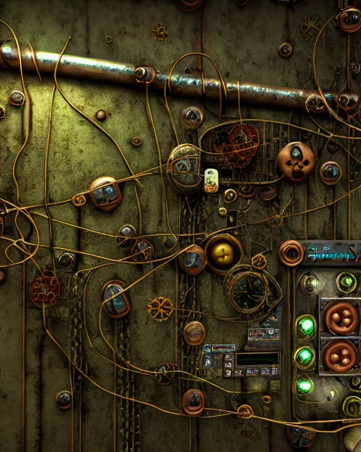 Prompt: corroded corroded metallic control board with overgrown vegetation and wires and metal steampunk control board filled with buttons and computer chips cryengine 8 k resolution 8 k 3 d vray unreal engine volumetric lighting behance