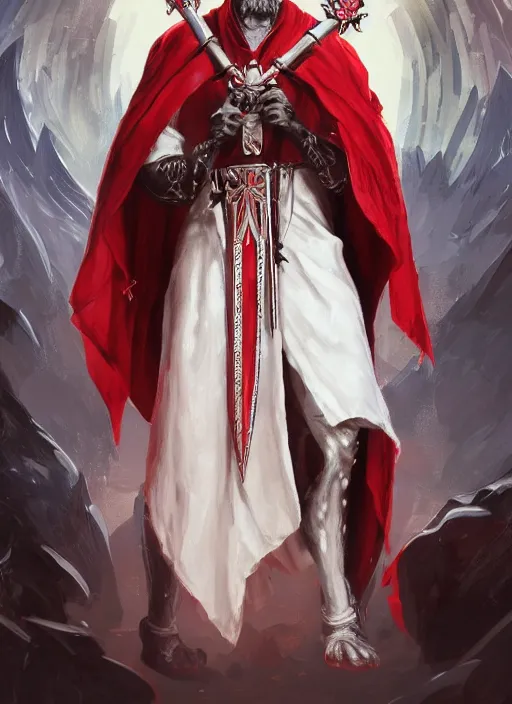 Prompt: a highly detailed illustration of white haired african priest, wearing cross on robe, wielding red blades made of blood, evil standing smiling pose, gothic church background, muscular, intricate, elegant, highly detailed, centered, digital painting, artstation, concept art, smooth, sharp focus, league of legends concept art, WLOP