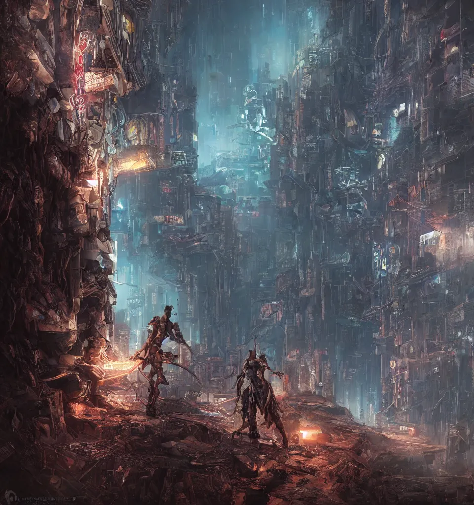 Image similar to cyberpunk gladiator, cinematic, highly detailed, octane render, cg, rich cinematic atmosphere, perfect digital art, mystical journey in strange world, Mystical, cyberpunk, tech war, sci-fi, surreal, glowing lights, sharp focus, high detailed, by Akihiko Yoshida, michael whelan and Karol Bak