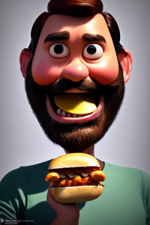 Image similar to pixar bearded man holding a hot dog, laughing, brown eyes, happy | glamorous oily soft polished rich ornate modern | weta disney pixar movie still photo | hi - fructose, sci fi fantasy, smooth, octane render, sharp focus, artstation, concept art | artgerm, mucha, rutkowski, feng zhu, wlop, loish