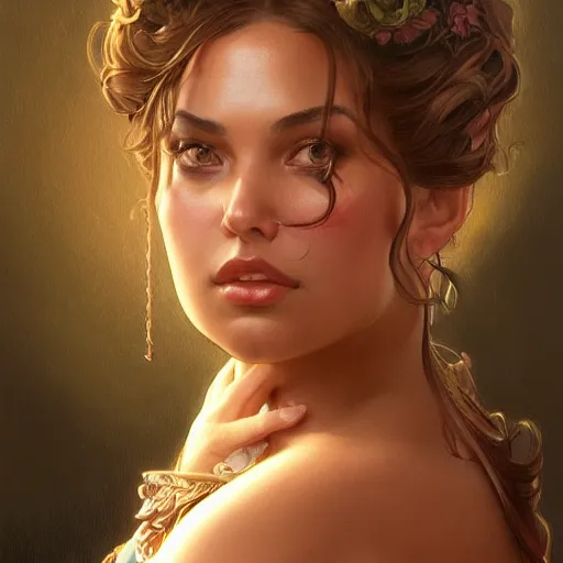 Image similar to portrait of a beautiful thick female, alexandria ortega cortez face, D&D, fantasy, intricate, elegant, highly detailed, digital painting, artstation, concept art, smooth, sharp focus, illustration, art by artgerm and greg rutkowski and alphonse mucha