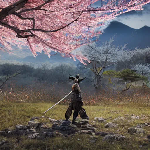 Image similar to highly detailed samurai with katana standing in ruined Japanese village, cherry blossom trees, mountains in background, epic, photorealistic, 8k octane render