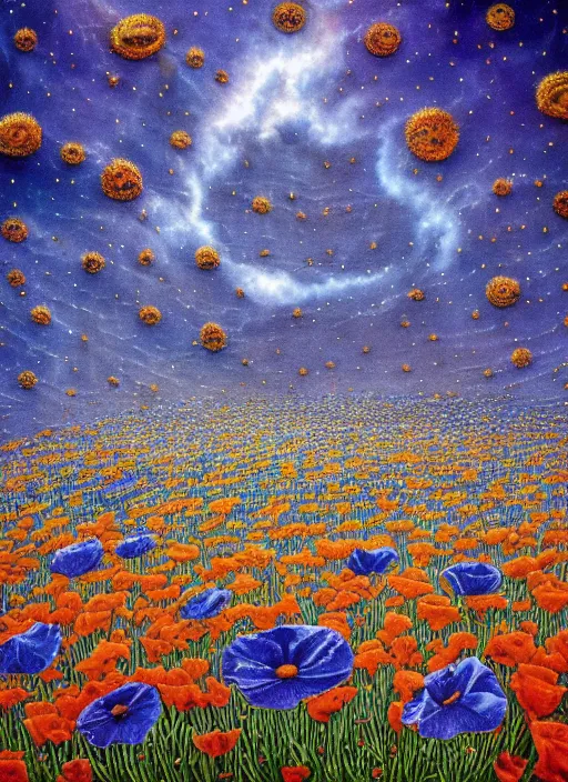 Image similar to detailed, intricate blue black and purple papaverum flower on the field, nebula, galaxy in the sky, winning award masterpiece, fantastically beautiful, illustration, aestheticly inspired, jacek yerka, upscale with anguissola sofonisba work, artstation, 8 k