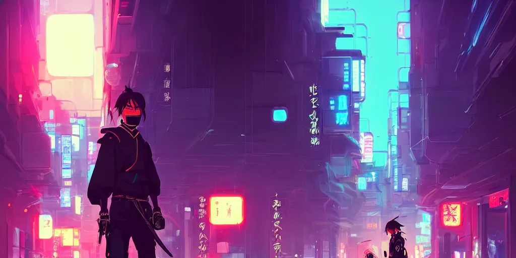 Image similar to digital illustration closeup portrait of cyberpunk samurai in city street at night by makoto shinkai, ilya kuvshinov, lois van baarle, rossdraws, basquiat | afrofuturism, in the style of hearthstone, trending on artstation | cool color scheme