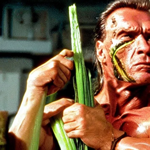 Image similar to a stick of celery with a face hunts arnold schwarzenegger in the film predator