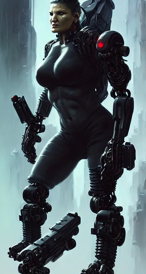 Image similar to gina carano as an ork with robotic left arm, casual black clothing, muscular, realistic proportions, casual pose, large portrait, cyberpunk, shadowrun, rpg character, digital painting, artstation, concept art, smooth, 8 k frostbite 3 engine, ultra detailed, art by artgerm and greg rutkowski and magali villeneuve