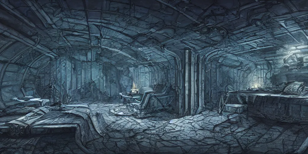 Prompt: the hibernation cabin are neatly arranged on the wall, horizontal composition, future style, dark, h. r. giger, blue color scheme, huleeb, concept art, trending on artstation.
