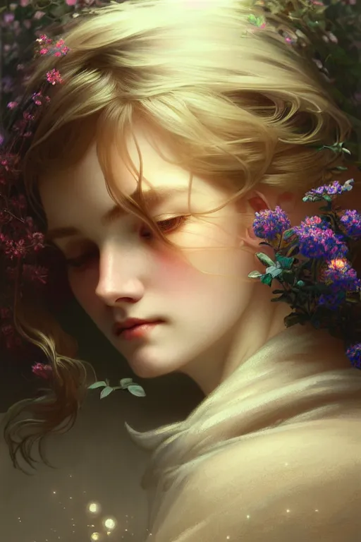 Image similar to beautiful aerite, portrait in the center of the face, home care, gentle, thoughtful, fog, snow, volumetric lighting, soft light particles floating next to her, illustration, perfectly shaded, often painted, works by krenz kushart and wenjun lin, alphonse mucha