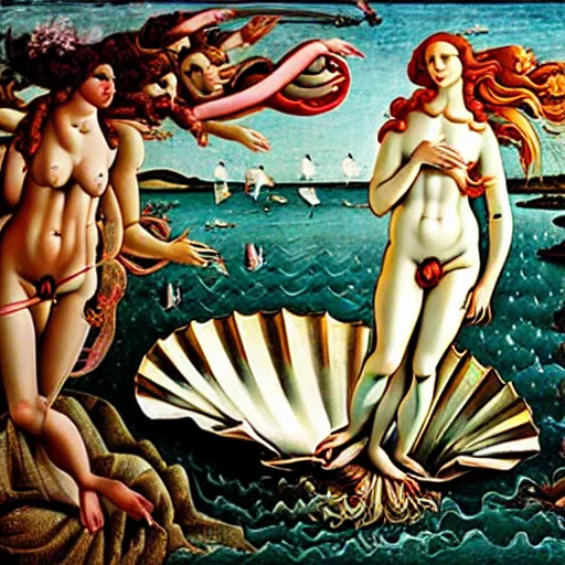 Image similar to birth of venus steam punk, in the style botticelli, 8 k, oil painting,