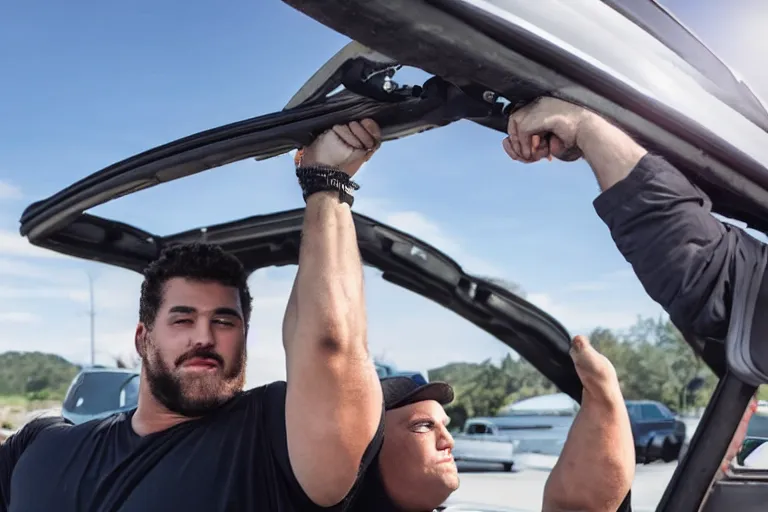 Image similar to a very large man with very strong muscles using both of his hands to hold a vehicle over his head