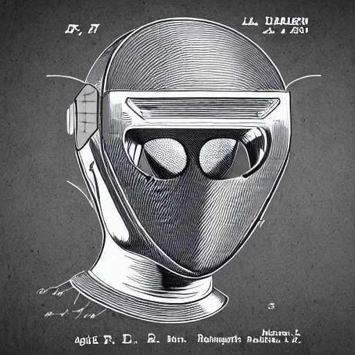 Image similar to a patent drawing of an intricate detailed vr headset from the future in the shape of a medieval knight helmet, extremely detailed alien technology vr!!! headset, with arrows and side angels