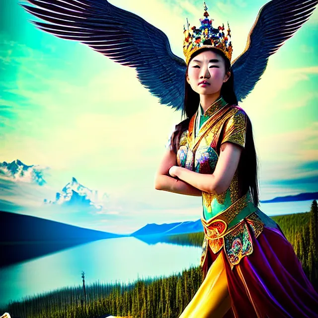 Image similar to beautiful asian mongolian princess goddess spreading its wings, princess wearing a beautiful ornate crown, in the background lake baikal is seen, atmospheric lighting, intricate, volumetric lighting, beautiful, sharp focus, ultra detailed, in the art style of bagshaw tom