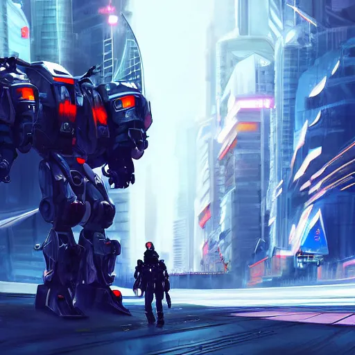 Prompt: futuristic mecha in a cyberpunk city, futuristic, futuristic technology, trending on Artstation, 4K