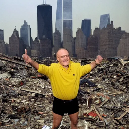 Image similar to a wide shot of a very drunk evil Rudy Giuliani squatting smiling wearing a yellow speedo on top of the world trade center rubble pile in new york