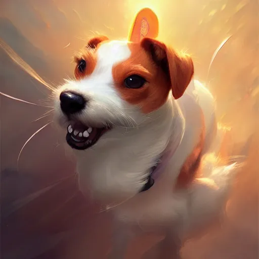 Prompt: adorable jack russel terrier laughing, fantasy art, artstation character design contest winner, trending on cgsociety, concept art, speedpaint, beautiful digital art, jesper ejsing, james jean, justin gerard, fenghua zhong, makoto shinkai, highly detailed