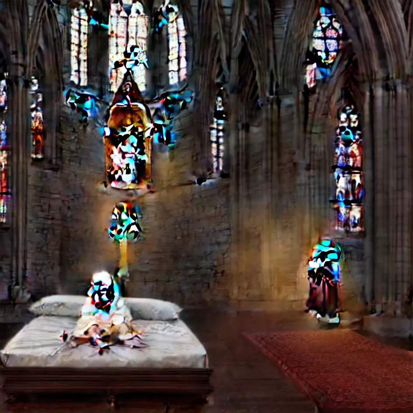 Prompt: a child sitting in a bed, screaming. the bed is inside a gothic cathedral. under the bed is a hideous laughing demon dressed as a catholic priest. religious symbols, digital art, hyperrealistic nightmare, terrifying, supernatural, highly detailed, creepy