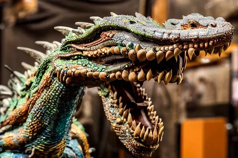 Prompt: photo taken of an epic intricate, ultra detailed, super realistic gritty, hero prop, exquisitely weathered animatronic movie prop of a lifelike sculpture of a quetzalcoatl dragon snake creature displayed in the workshop, created by weta workshop, full body shot, photorealistic, sharp focus