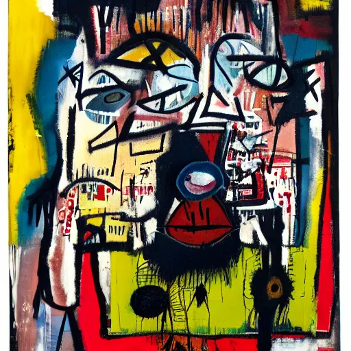 Prompt: mad dog on a chain, collage, acrylic on canvas, expressionism movement, breathtaking detailed, basquiat mixed with blake neubert