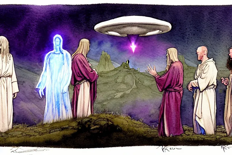 Image similar to a realistic and atmospheric watercolour fantasy character concept art portrait of a group of christians wearing robes greeting an alien that is standing below a ufo. they are emerging from the mist on the moors of ireland at night. a ufo is in the background. by rebecca guay, michael kaluta, charles vess and jean moebius giraud