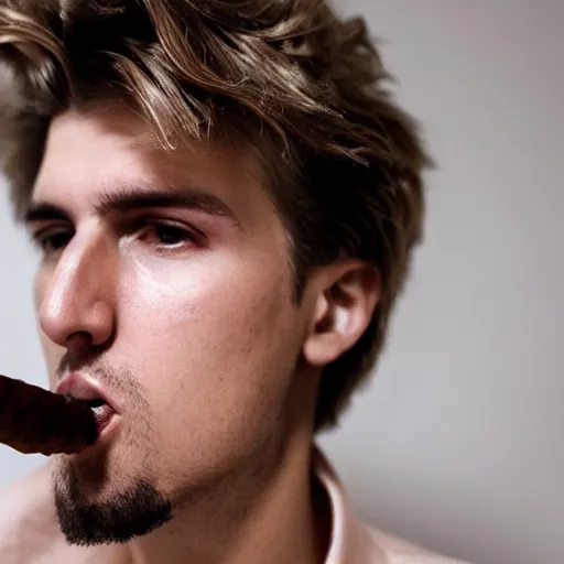 Image similar to a closeup photo of handsome gigachad xqc elrubius smoking a cigar