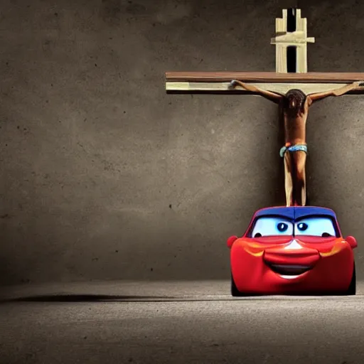 Image similar to jesus christ crucifixion, christian art, as a car from the movie pixar's cars 2,