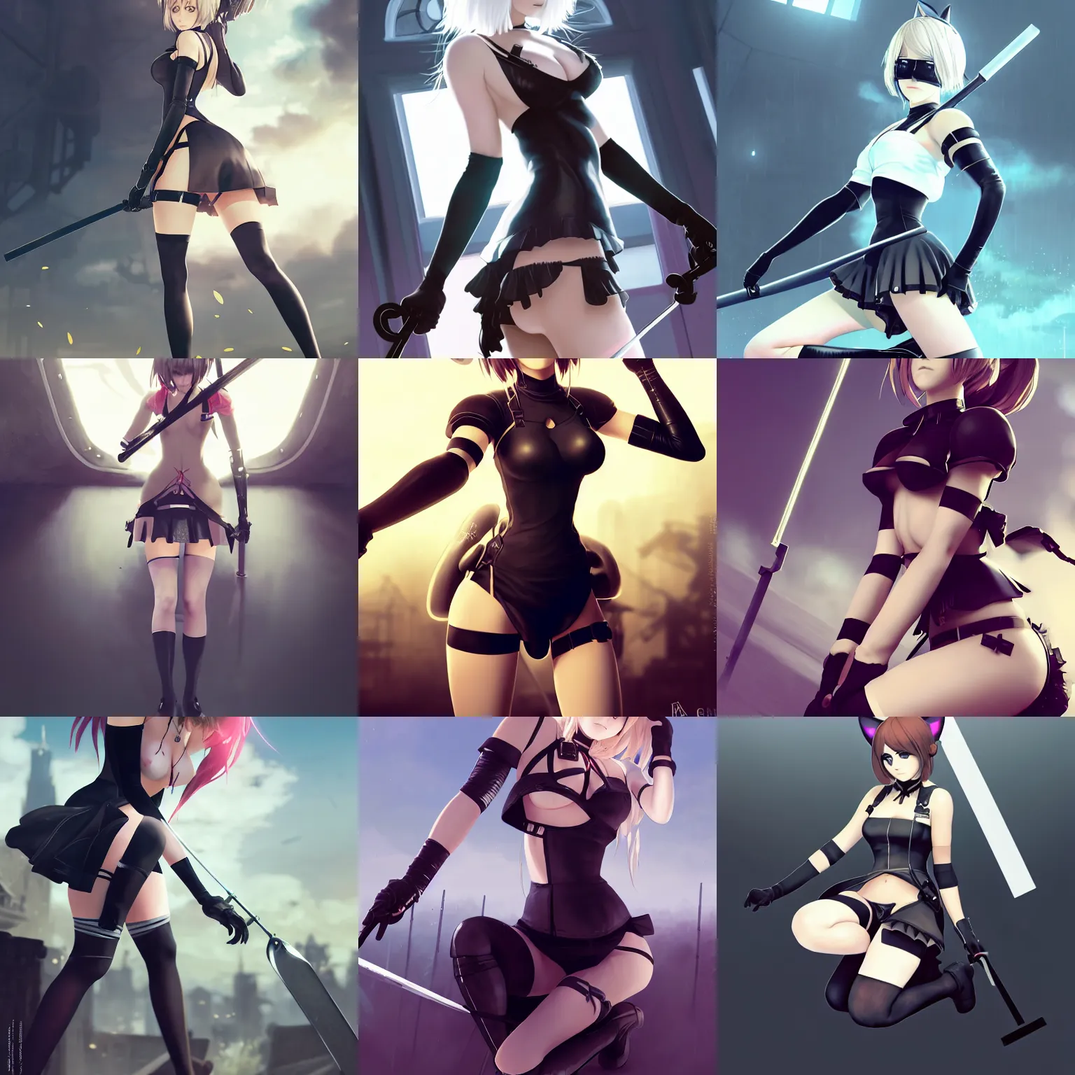 Prompt: attractive Emma Watson as 2B from Nier Automata and Yoko Littner , kneeling! , cat ears , collar , hourglass slim figure , close up , submissive, kneeling and looking up , details, sharp focus , illustration , Trending artstation , digital Art , by Jordan Grimmer and greg rutkowski , 4k photo by robert mapplethorpe